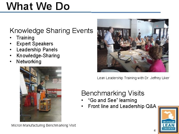 What We Do Knowledge Sharing Events • • • Training Expert Speakers Leadership Panels