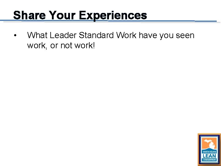 Share Your Experiences • What Leader Standard Work have you seen work, or not