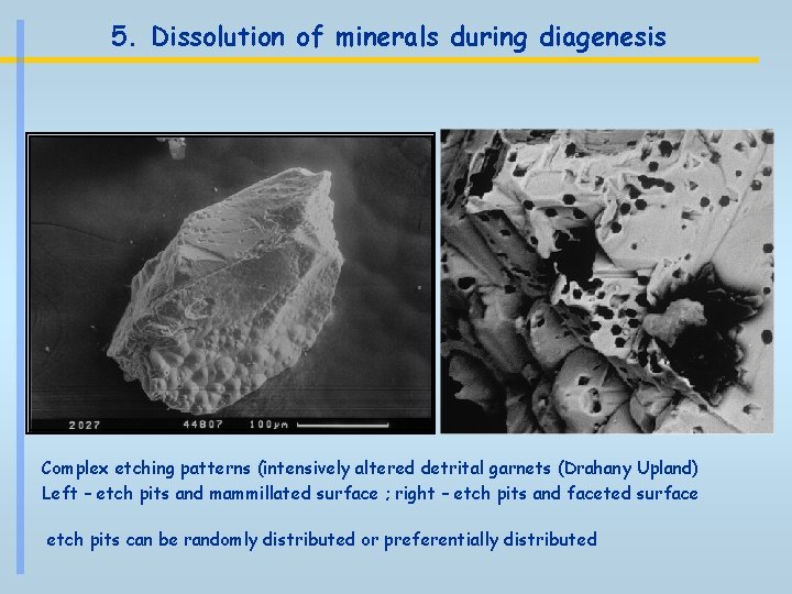 5. Dissolution of minerals during diagenesis Complex etching patterns (intensively altered detrital garnets (Drahany