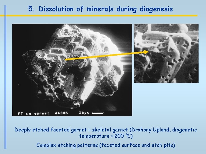 5. Dissolution of minerals during diagenesis Deeply etched faceted garnet - skeletal garnet (Drahany