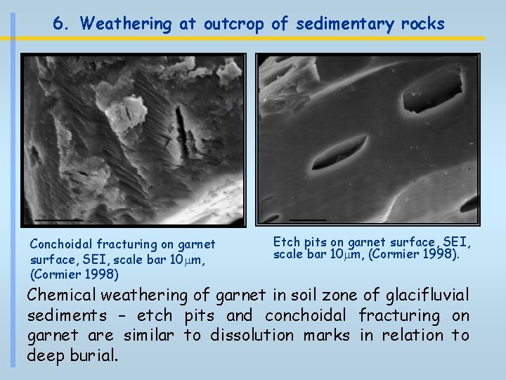 6. Weathering at outcrop of sedimentary rocks Conchoidal fracturing on garnet surface, SEI, scale