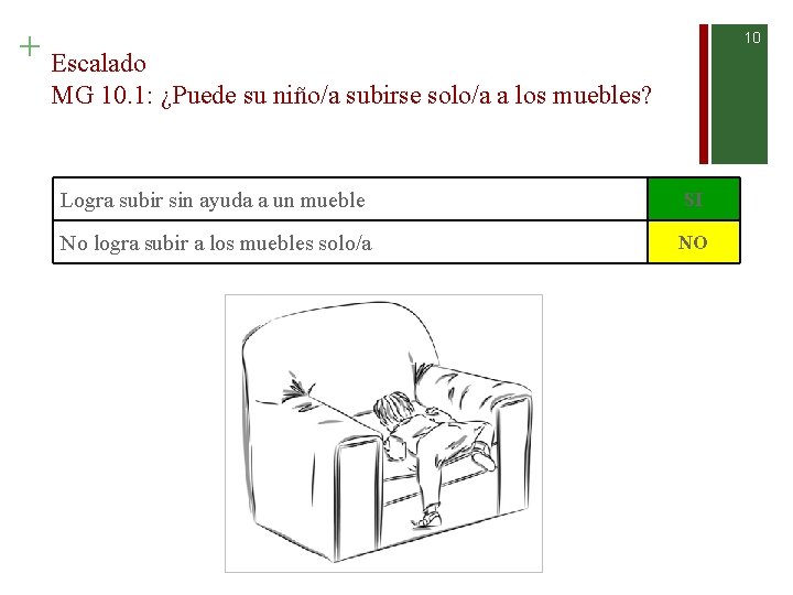 + Escalado 10 MG 10. 1: ¿Puede su niño/a subirse solo/a a los muebles?