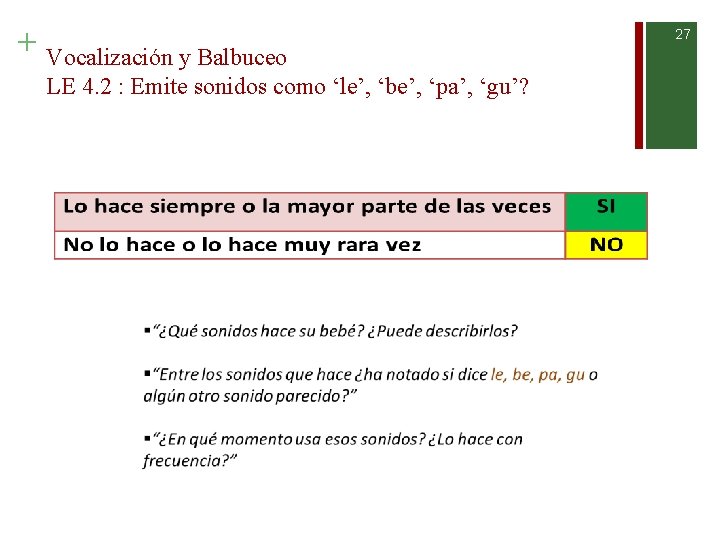 + Vocalización y Balbuceo LE 4. 2 : Emite sonidos como ‘le’, ‘be’, ‘pa’,