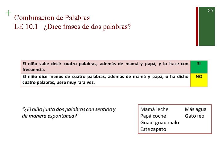 + Combinación de Palabras LE 10. 1 : ¿Dice frases de dos palabras? 35