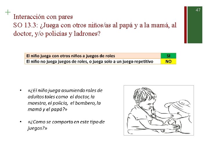 + Interacción con pares SO 13. 3: ¿Juega con otros niños/as al papá y