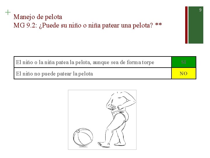 + Manejo de pelota 9 MG 9. 2: ¿Puede su niño o niña patear