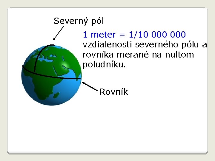 Severný pól 1 meter = 1/10 000 vzdialenosti severného pólu a rovníka merané na