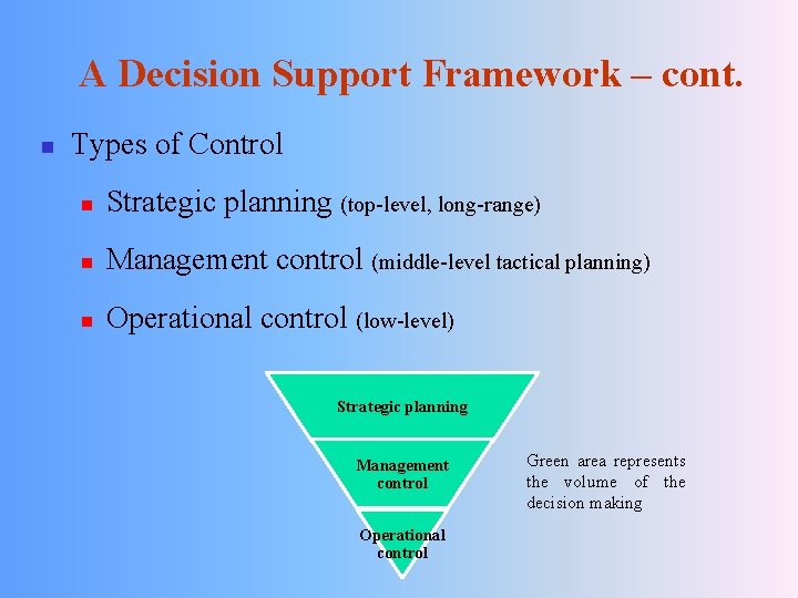 A Decision Support Framework – cont. n Types of Control n Strategic planning (top-level,