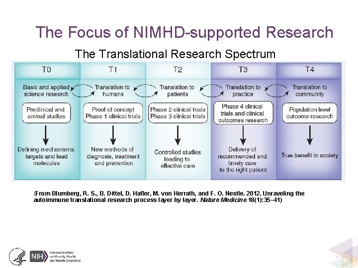 The Focus of NIMHD-supported Research The Translational Research Spectrum (From Blumberg, R. S. ,