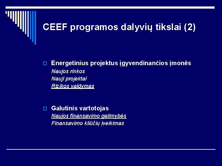 CEEF programos dalyvių tikslai (2) o Energetinius projektus įgyvendinančios įmonės Naujos rinkos Nauji projektai