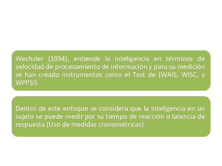 Wechsler (1994), entiende la inteligencia en términos de velocidad de procesamiento de información y