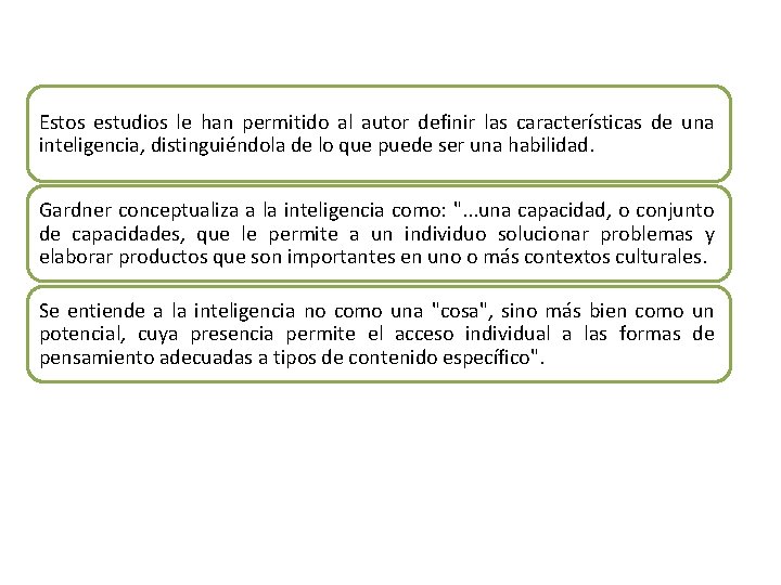 Estos estudios le han permitido al autor definir las características de una inteligencia, distinguiéndola