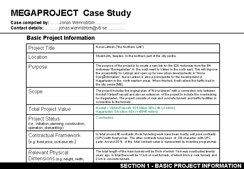 MEGAPROJECT Case Study Case compiled by: ……Jonas Wennström. . . Contact details: ………. jonas.