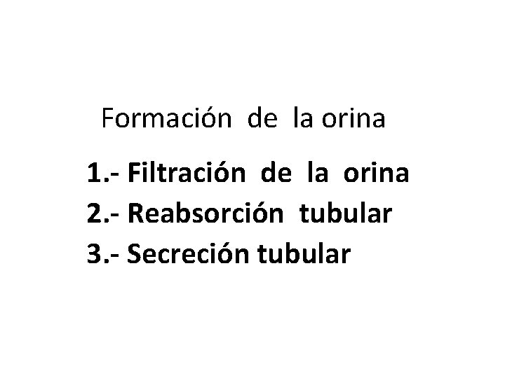 Formación de la orina 1. - Filtración de la orina 2. - Reabsorción tubular