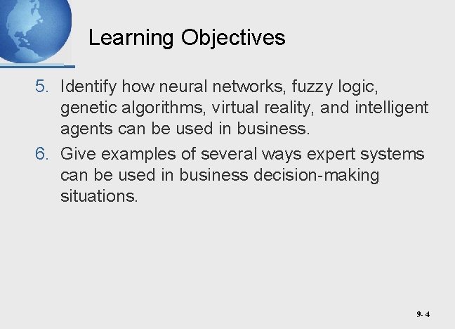 Learning Objectives 5. Identify how neural networks, fuzzy logic, genetic algorithms, virtual reality, and