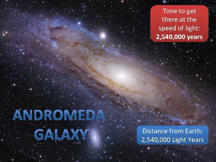 Time to get there at the speed of light: 2, 540, 000 years Distance