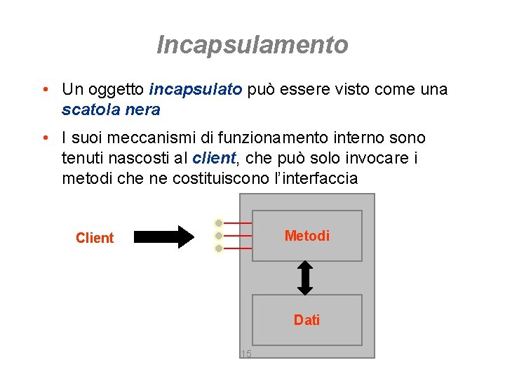 Incapsulamento • Un oggetto incapsulato può essere visto come una scatola nera • I