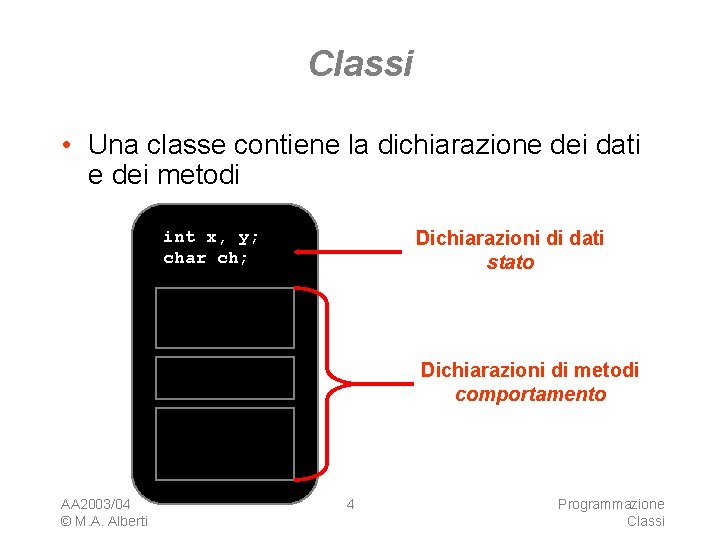 Classi • Una classe contiene la dichiarazione dei dati e dei metodi int x,