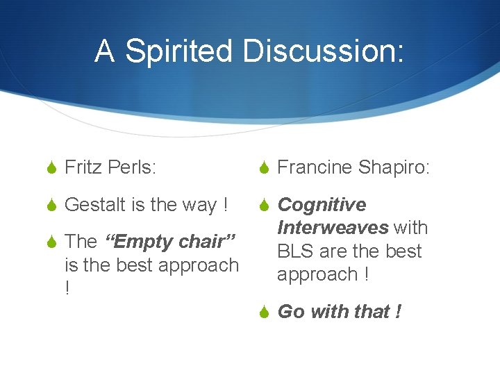 A Spirited Discussion: S Fritz Perls: S Francine Shapiro: S Gestalt is the way