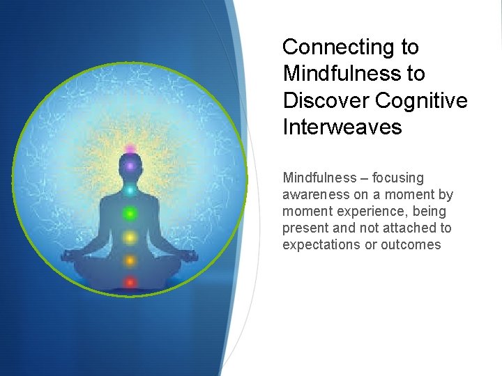 Connecting to Mindfulness to Discover Cognitive Interweaves Mindfulness – focusing awareness on a moment