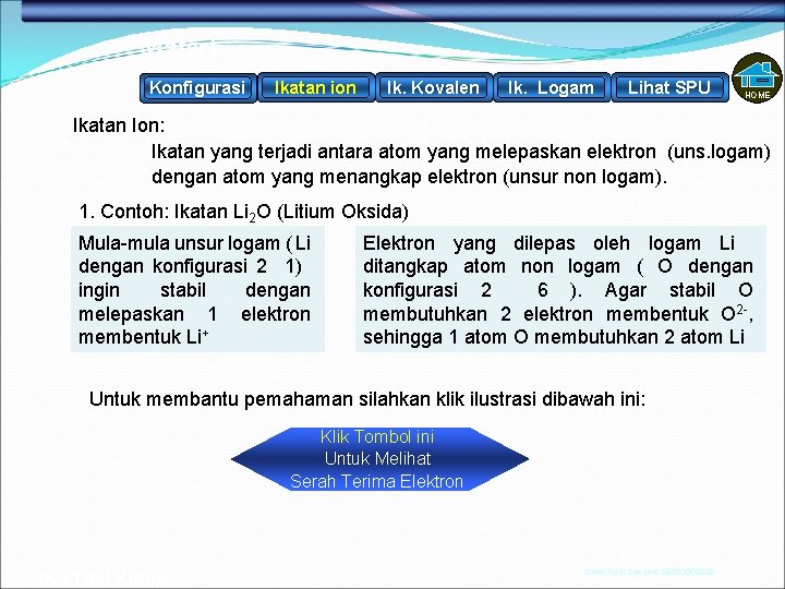 Materi Konfigurasi Ikatan ion Ik. Kovalen Ik. Logam Lihat SPU HOME Ikatan Ion: Ikatan