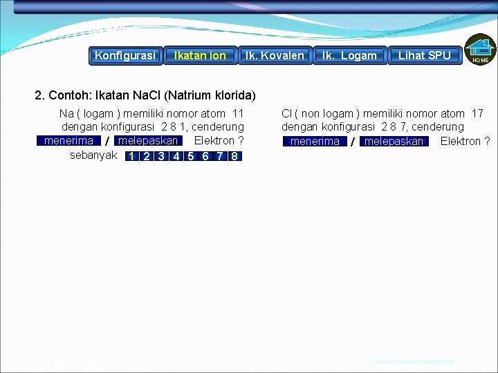 Materi Konfigurasi Ikatan ion Ik. Kovalen Ik. Logam Lihat SPU HOME 2. Contoh: Ikatan