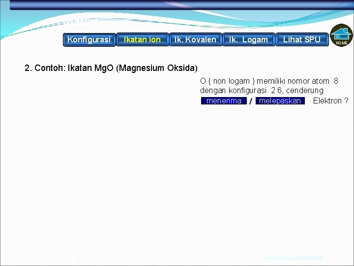 Materi Konfigurasi Ikatan ion Ik. Kovalen Ik. Logam Lihat SPU HOME 2. Contoh: Ikatan