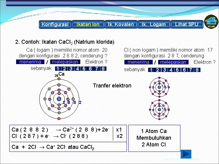 Materi Konfigurasi Ikatan ion Ik. Kovalen Ik. Logam Lihat SPU HOME 2. Contoh: Ikatan