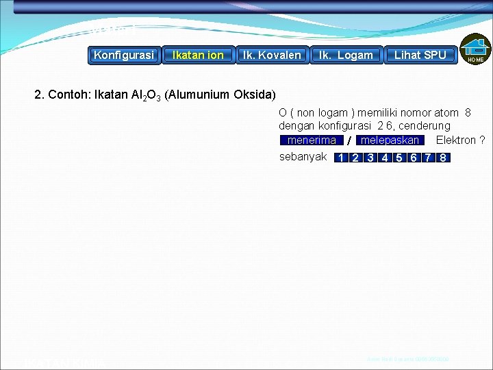 Materi Konfigurasi Ikatan ion Ik. Kovalen Ik. Logam Lihat SPU HOME 2. Contoh: Ikatan