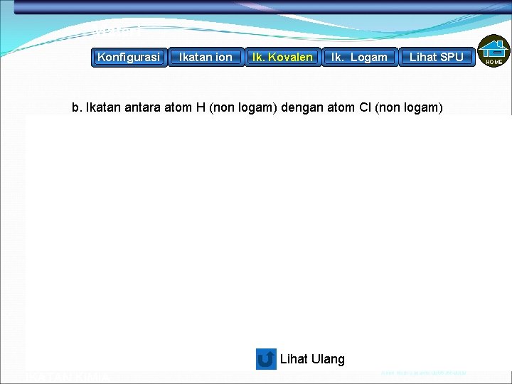 Materi Konfigurasi Ikatan ion Ik. Kovalen Ik. Logam Lihat SPU HOME b. Ikatan antara