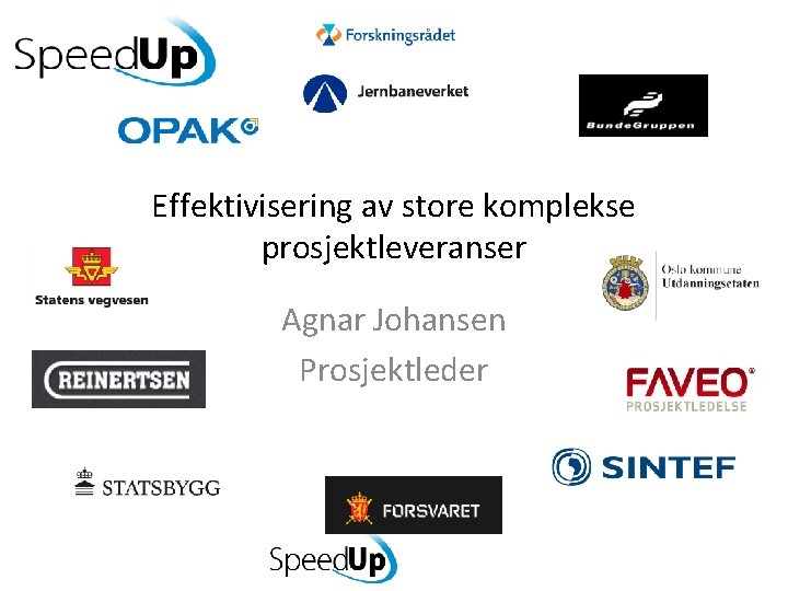 Effektivisering av store komplekse prosjektleveranser Agnar Johansen Prosjektleder 