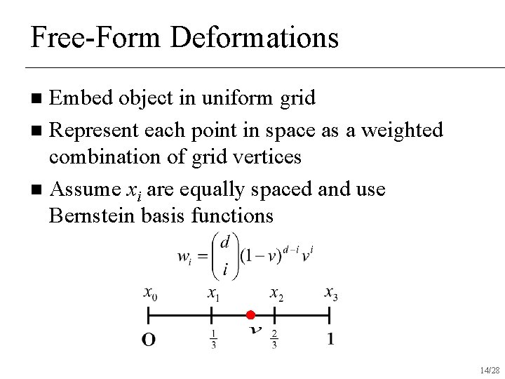 Free-Form Deformations Embed object in uniform grid n Represent each point in space as Free-Form Deformations Embed object in uniform grid n Represent each point in space as