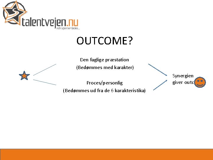 OUTCOME? Den faglige præstation (Bedømmes med karakter) Proces/personlig (Bedømmes ud fra de 6 karakteristika)