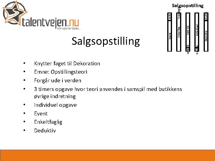  • • Knytter faget til Dekoration Emne: Opstillingsteori Forgår ude i verden 3