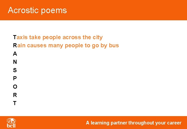 Acrostic poems Taxis take people across the city Rain causes many people to go Acrostic poems Taxis take people across the city Rain causes many people to go