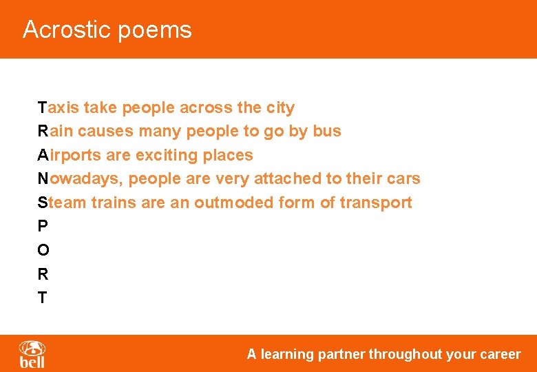 Acrostic poems Taxis take people across the city Rain causes many people to go Acrostic poems Taxis take people across the city Rain causes many people to go