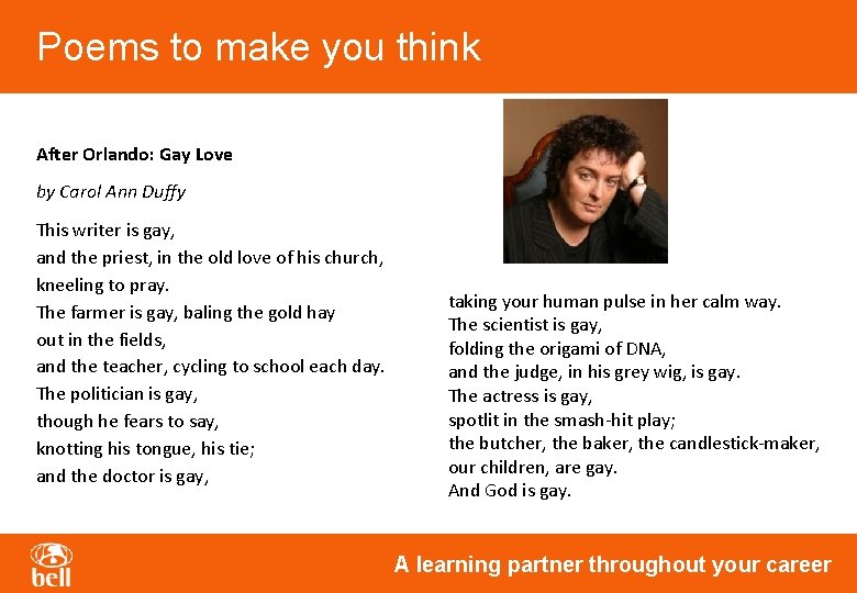 Poems to make you think After Orlando: Gay Love by Carol Ann Duffy This Poems to make you think After Orlando: Gay Love by Carol Ann Duffy This