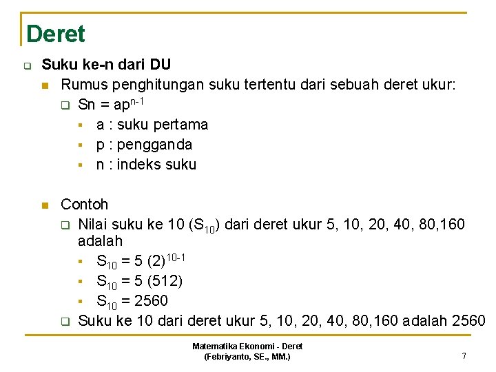 Matematika Ekonomi Bagian 1 Deret Dosen Febriyanto Se
