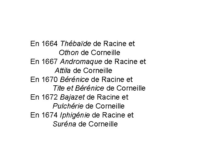 En 1664 Thébaïde de Racine et Othon de Corneille En 1667 Andromaque de Racine
