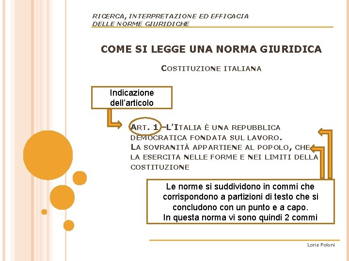 RICERCA, INTERPRETAZIONE ED EFFICACIA DELLE NORME GIURIDICHE COME SI LEGGE UNA NORMA GIURIDICA COSTITUZIONE