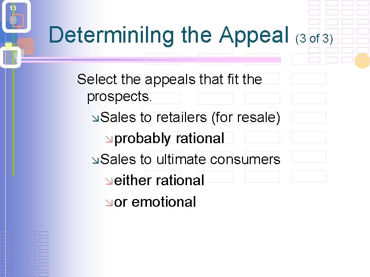 13 Determinilng the Appeal (3 of 3) Select the appeals that fit the prospects.