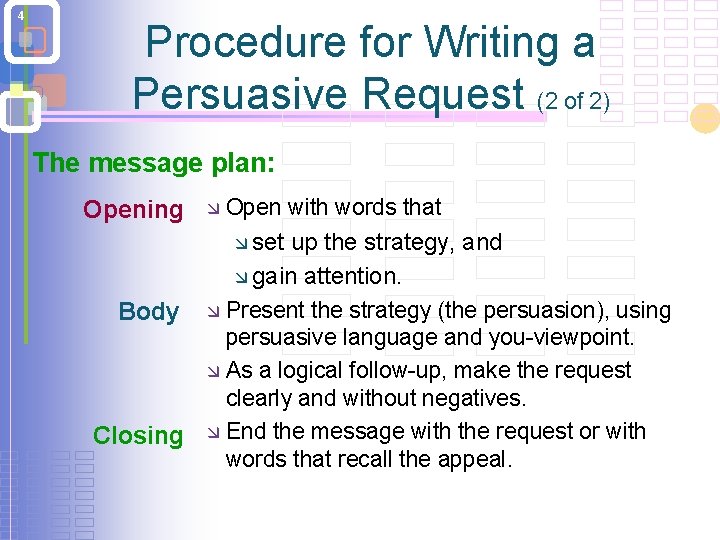 4 Procedure for Writing a Persuasive Request (2 of 2) The message plan: Opening