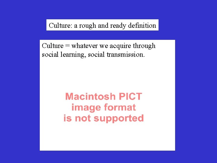 Culture: a rough and ready definition Culture = whatever we acquire through social learning,