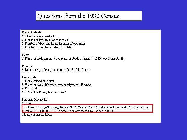Questions from the 1930 Census Place of Abode 1. Street, avenue, road, etc. 2.