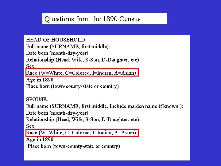 Questions from the 1890 Census HEAD OF HOUSEHOLD Full name (SURNAME, first middle): Date
