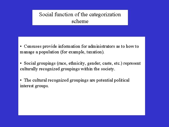 Social function of the categorization scheme • Censuses provide information for administrators as to