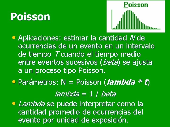 Poisson • Aplicaciones: estimar la cantidad N de ocurrencias de un evento en un