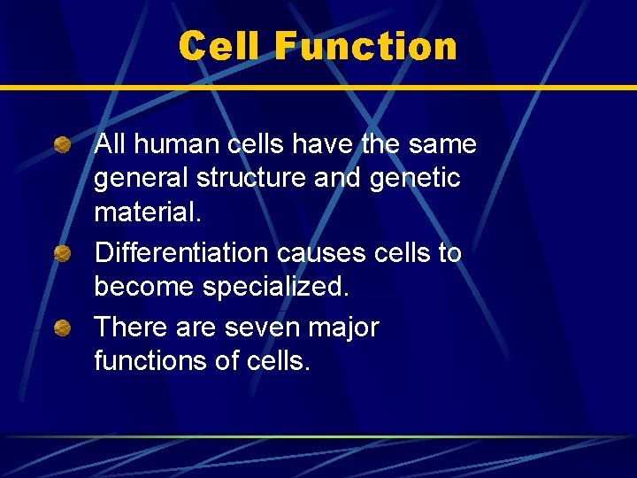 Cell Function All human cells have the same general structure and genetic material. Differentiation