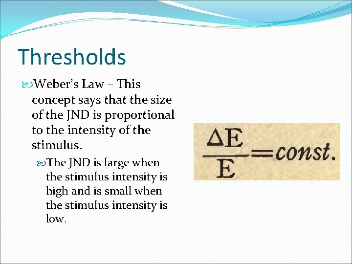 Thresholds Weber’s Law – This concept says that the size of the JND is
