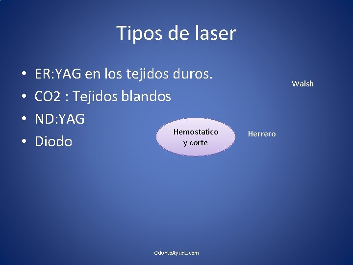 Tipos de laser • • ER: YAG en los tejidos duros. CO 2 :